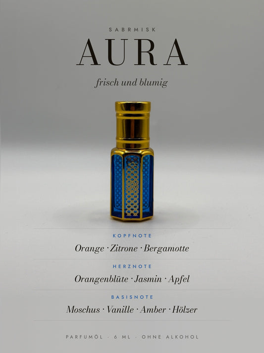 Aura Parfumöl von SabrMisk mit Duftnoten: Orange, Zitrone, Bergamotte, Orangenblüte, Jasmin, Apfel, Moschus, Vanille, Amber, Hölzer