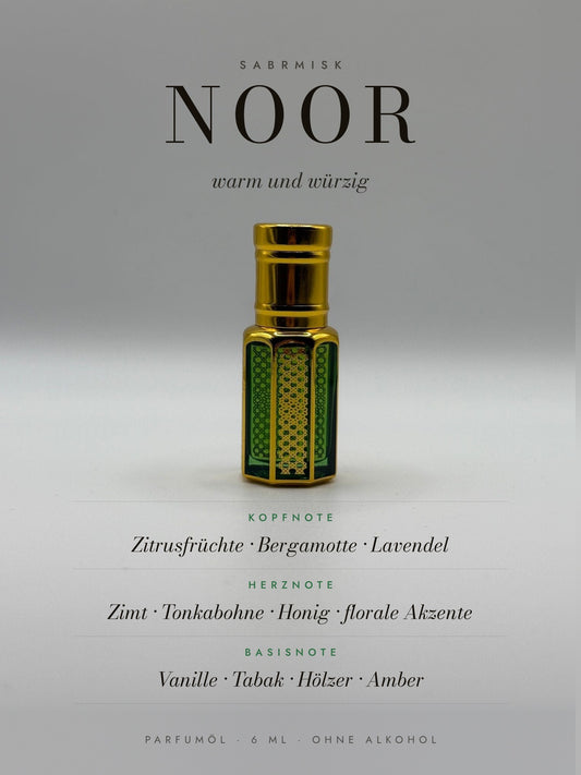Noor Parfumöl von SabrMisk mit Duftnoten: Zitrusfrüchte, Bergamotte, Lavendel, Zimt, Tonkabohne, Honig, florale Akzente, Vanille, Tabak, Hölzer, Amber