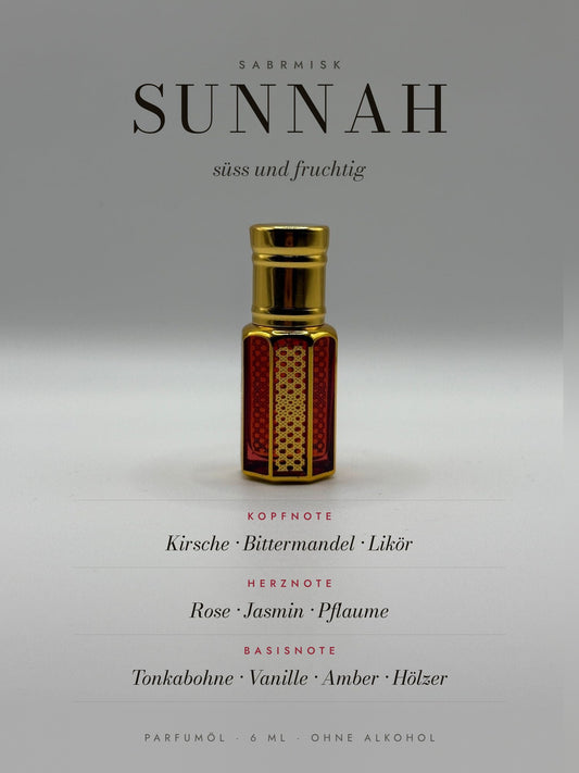 Sunnah Parfumöl von SabrMisk mit Duftnoten: Kirsche, Bittermandel, Likör, Rose, Jasmin, Pflaume, Tonkabohne, Vanille, Amber, Hölzer
